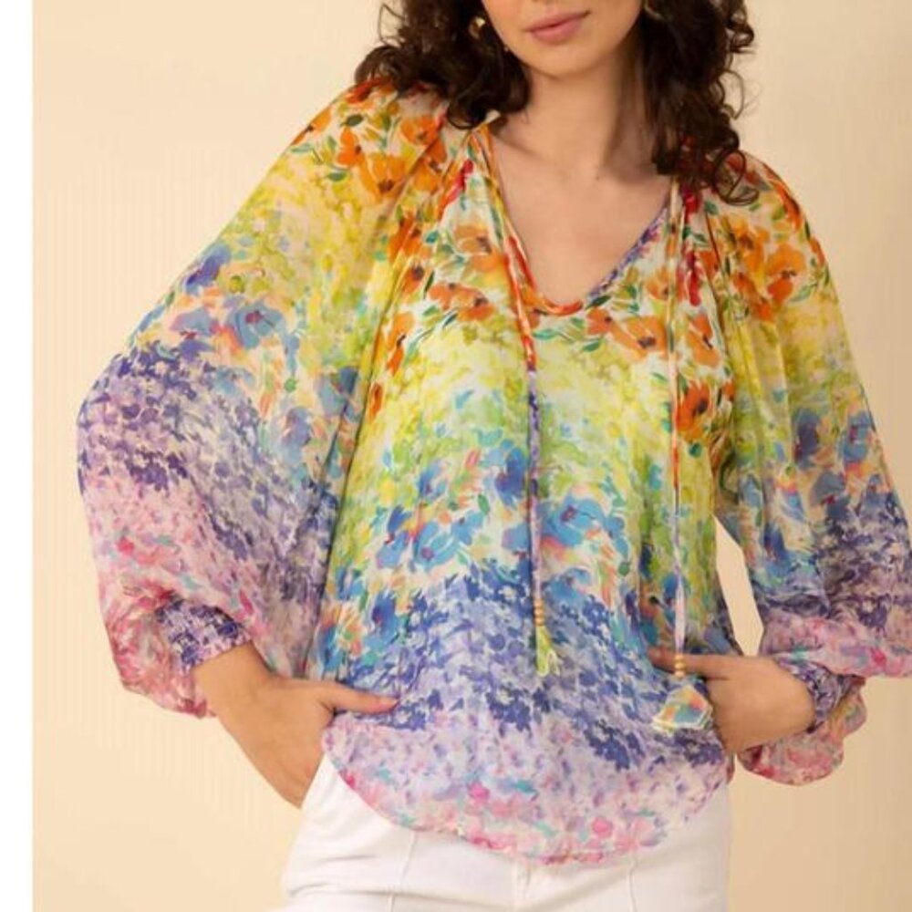 New* HALE BOB Octavia Chiffon Top Blue Multi-Color Size XL $80.00